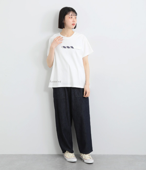 コットンリネン天竺ハリネズミかぎ編みロゴ刺繍ドルマンＴシャツ(A・ホワイト)