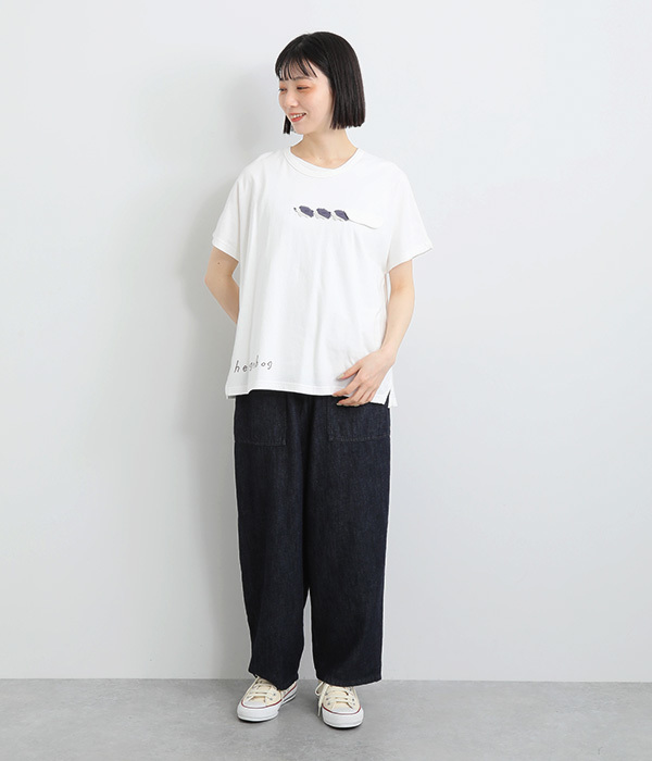 コットンリネン天竺ハリネズミかぎ編みロゴ刺繍ドルマンＴシャツ(A・ホワイト)