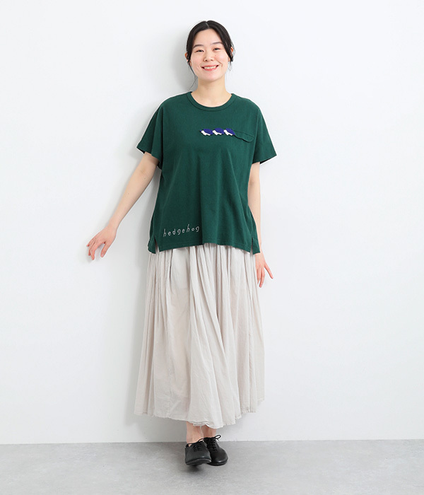 コットンリネン天竺ハリネズミかぎ編みロゴ刺繍ドルマンＴシャツ(A・ホワイト)