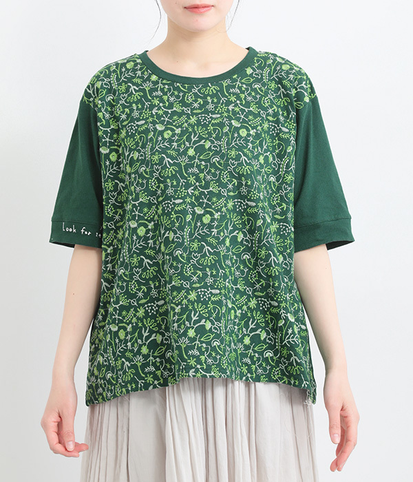 コットンリネン天竺どこにいるのかな刺繍Ｔシャツ(C・グリーン)