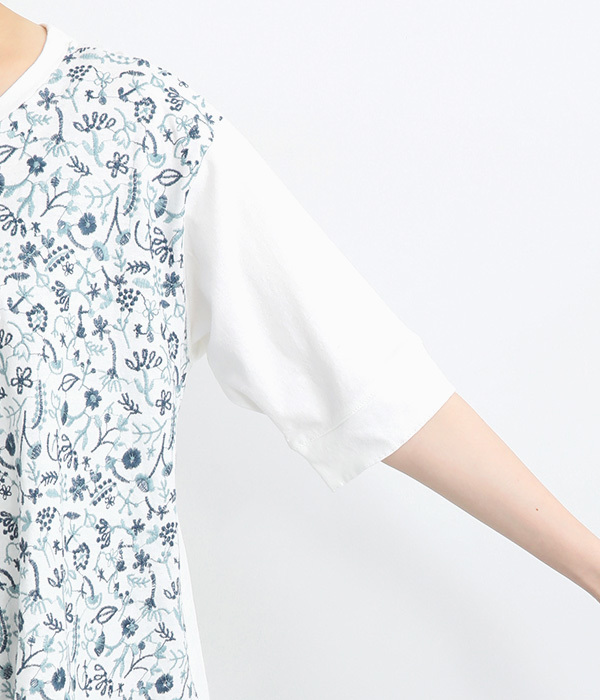 コットンリネン天竺どこにいるのかな刺繍Ｔシャツ(C・グリーン)