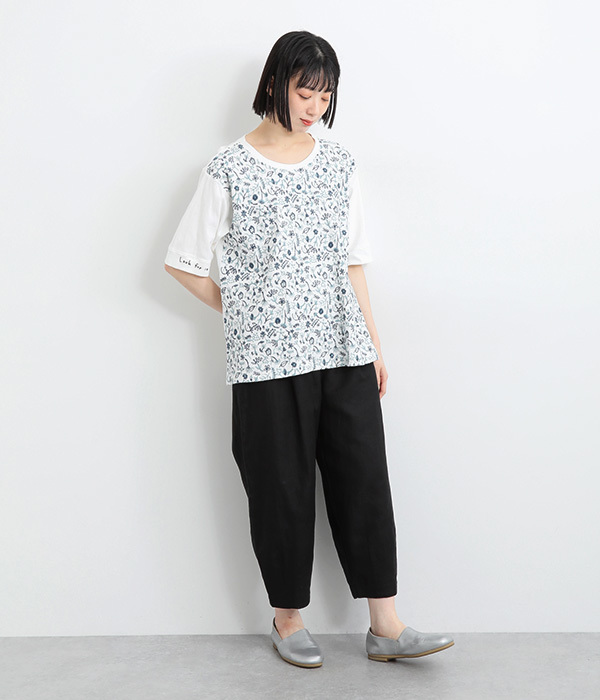 コットンリネン天竺どこにいるのかな刺繍Ｔシャツ(C・グリーン)