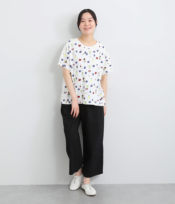 コットンリネン天竺フルーツ刺繍ドルマンＴシャツ(A・ホワイト)