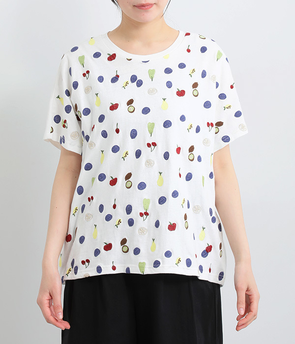 コットンリネン天竺フルーツ刺繍ドルマンＴシャツ(A・ホワイト)
