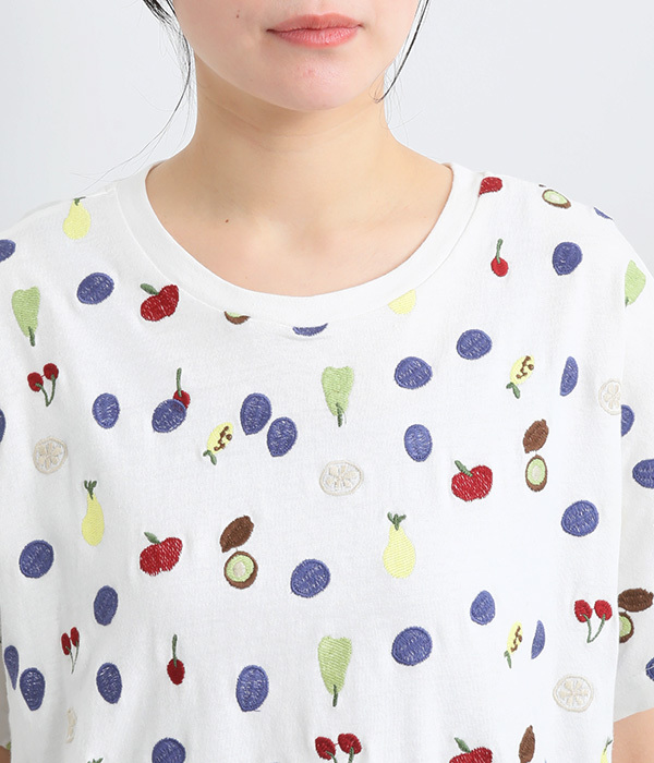 コットンリネン天竺フルーツ刺繍ドルマンＴシャツ(A・ホワイト)