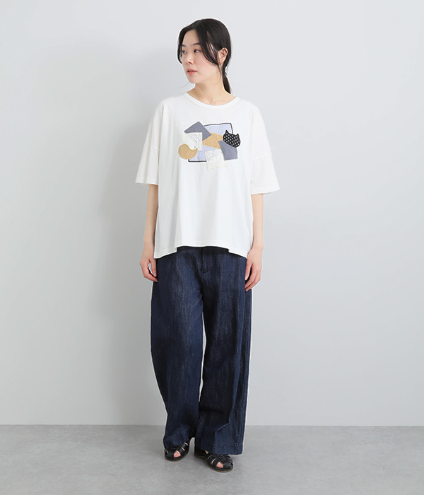 コットンリネン天竺異素材パッチワークＴシャツ(A・ホワイト)