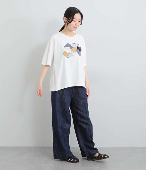 コットンリネン天竺異素材パッチワークＴシャツ(A・ホワイト)