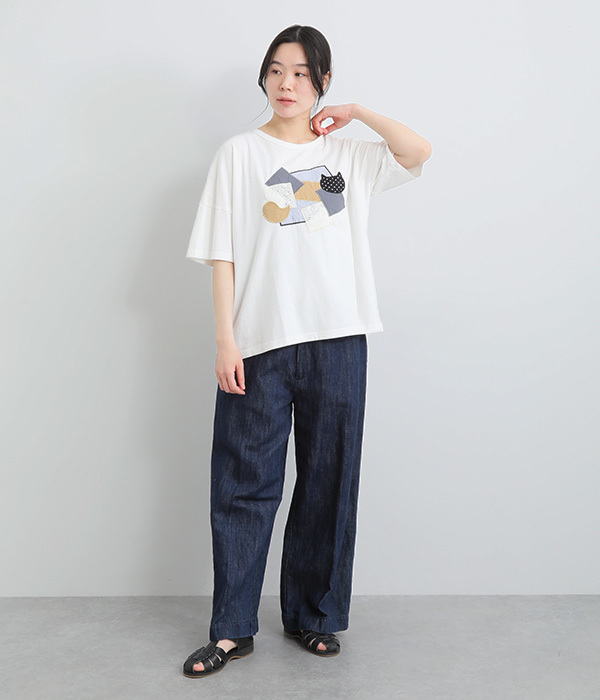 コットンリネン天竺異素材パッチワークＴシャツ(A・ホワイト)