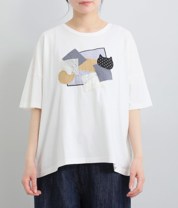 コットンリネン天竺異素材パッチワークＴシャツ(A・ホワイト)
