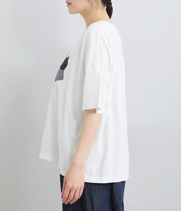 コットンリネン天竺異素材パッチワークＴシャツ(A・ホワイト)