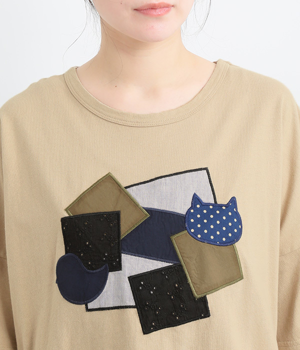 コットンリネン天竺異素材パッチワークＴシャツ(A・ホワイト)