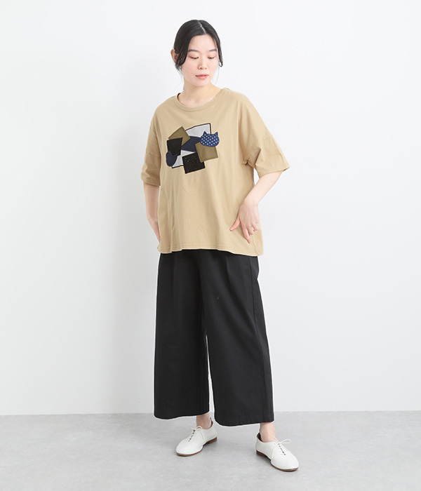 コットンリネン天竺異素材パッチワークＴシャツ(A・ホワイト)