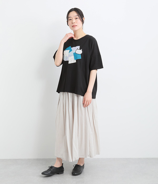 コットンリネン天竺異素材パッチワークＴシャツ(A・ホワイト)