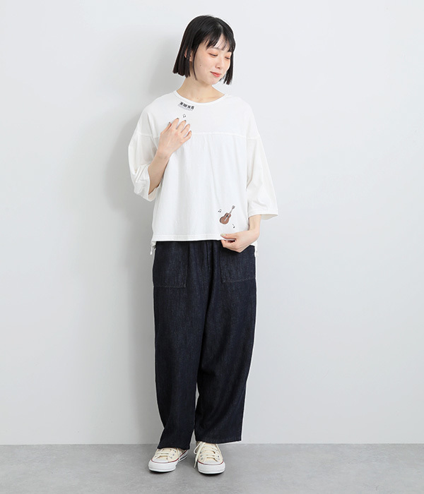 コットンリネン天竺夜風と音色刺繍Ｔシャツ(A・ホワイト)