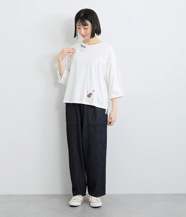 コットンリネン天竺夜風と音色刺繍Ｔシャツ(A・ホワイト)