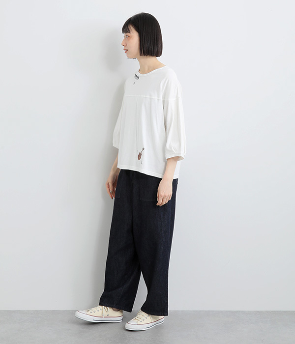 コットンリネン天竺夜風と音色刺繍Ｔシャツ(A・ホワイト)