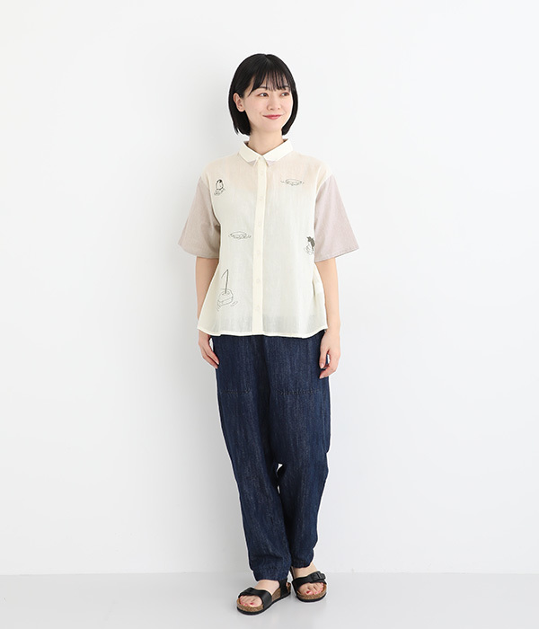 コットンローン氷に浮かぶペンギン刺繍シャツ(A・アイボリー)