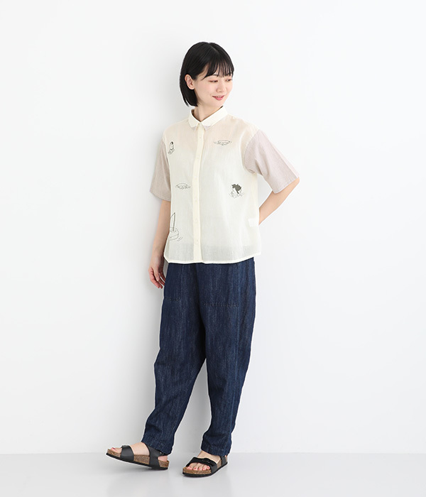 コットンローン氷に浮かぶペンギン刺繍シャツ(A・アイボリー)