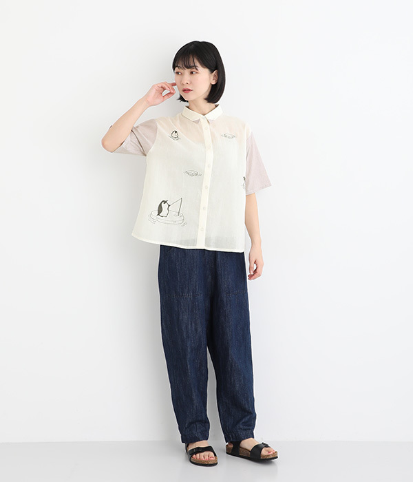 コットンローン氷に浮かぶペンギン刺繍シャツ(A・アイボリー)