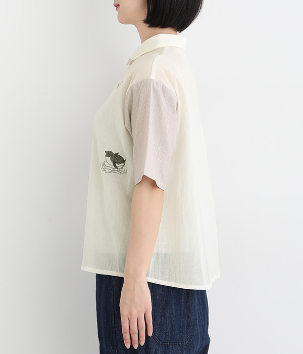 コットンローン氷に浮かぶペンギン刺繍シャツ(A・アイボリー)