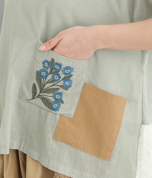 コットンローン多ポケット花刺繍ブラウス(B・グレー)