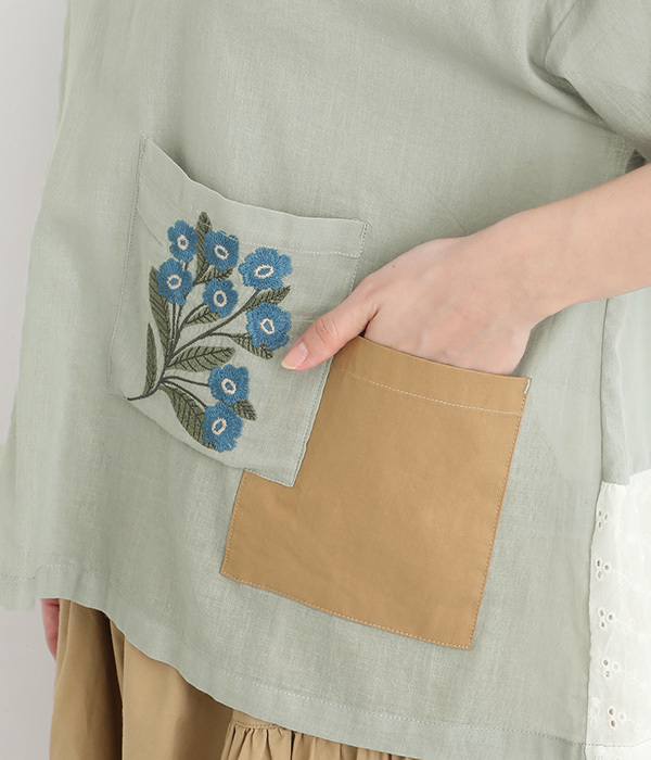 コットンローン多ポケット花刺繍ブラウス(B・グレー)