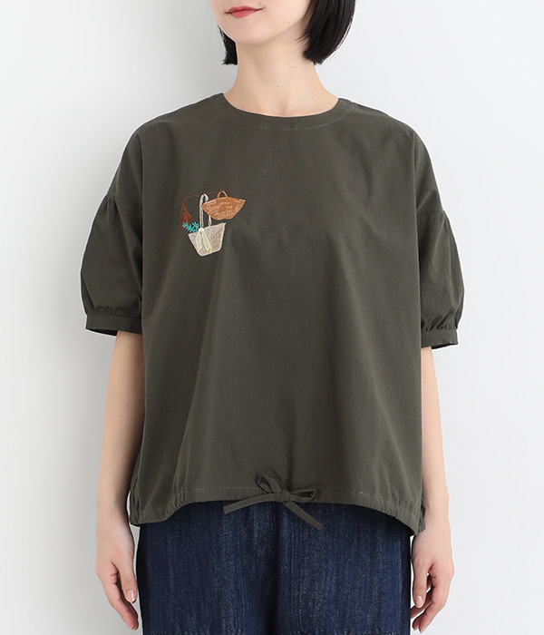 コットンリネン布帛かごバック刺繍ブラウス(B・チャコールグレー)