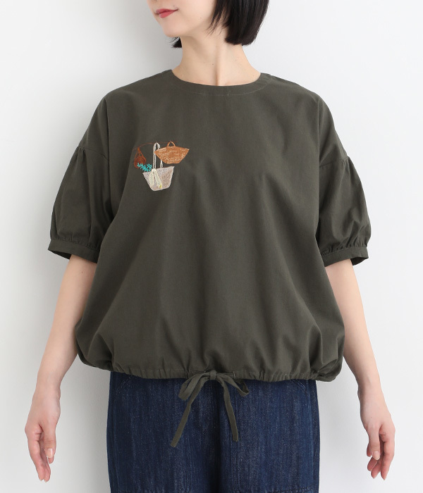 コットンリネン布帛かごバック刺繍ブラウス(B・チャコールグレー)