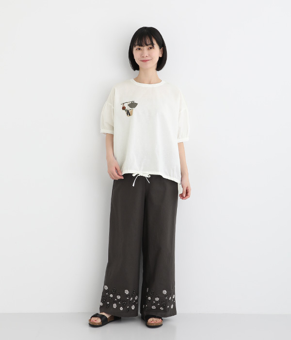 コットンリネン布帛かごバック刺繍ブラウス(B・チャコールグレー)