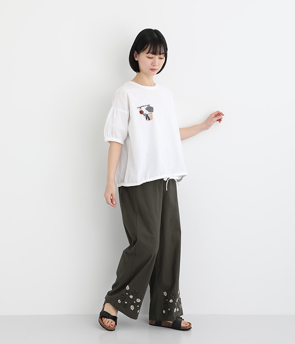 コットンリネン布帛ローズ刺繍パンツ(B・チャコールグレー)