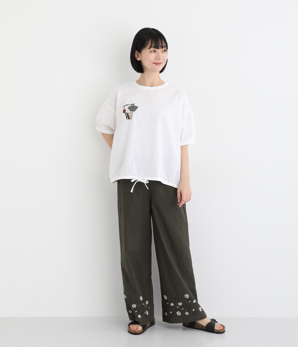 コットンリネン布帛ローズ刺繍パンツ(B・チャコールグレー)