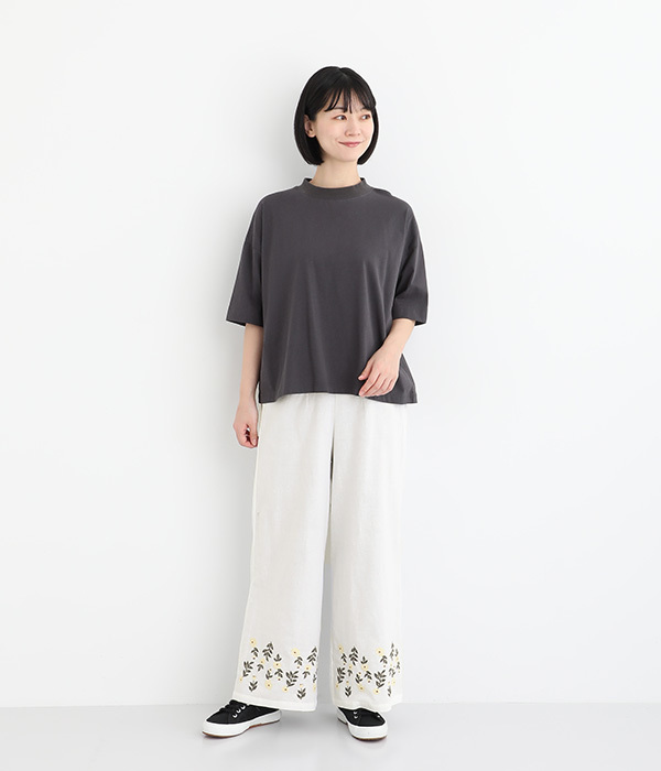 コットンリネン布帛ローズ刺繍パンツ(B・チャコールグレー)