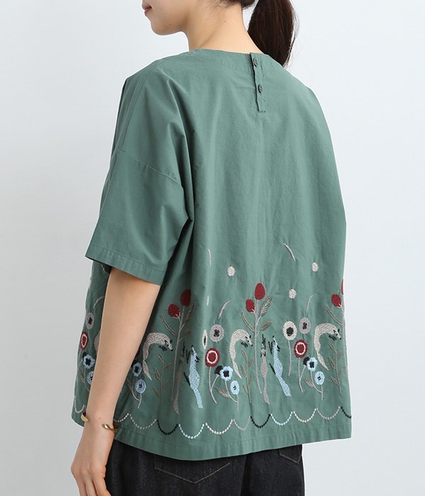 コットンきつね裾刺繍ブラウス(C・グリーン)