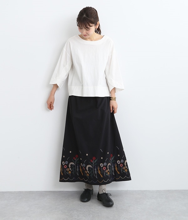 コットンきつね裾刺繍スカート(A・ブラック)