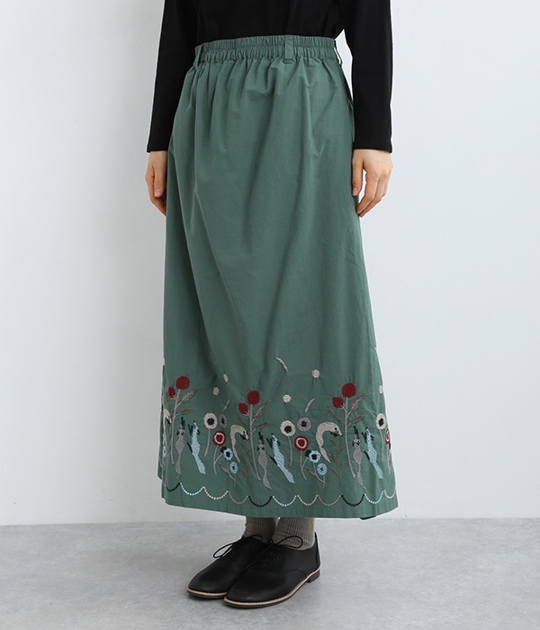 コットンきつね裾刺繍スカート(B・グリーン)