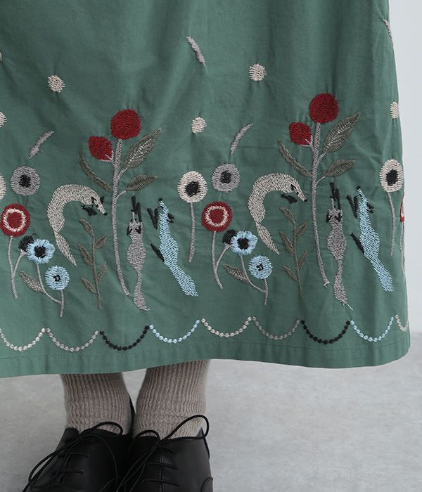 コットンきつね裾刺繍スカート(B・グリーン)