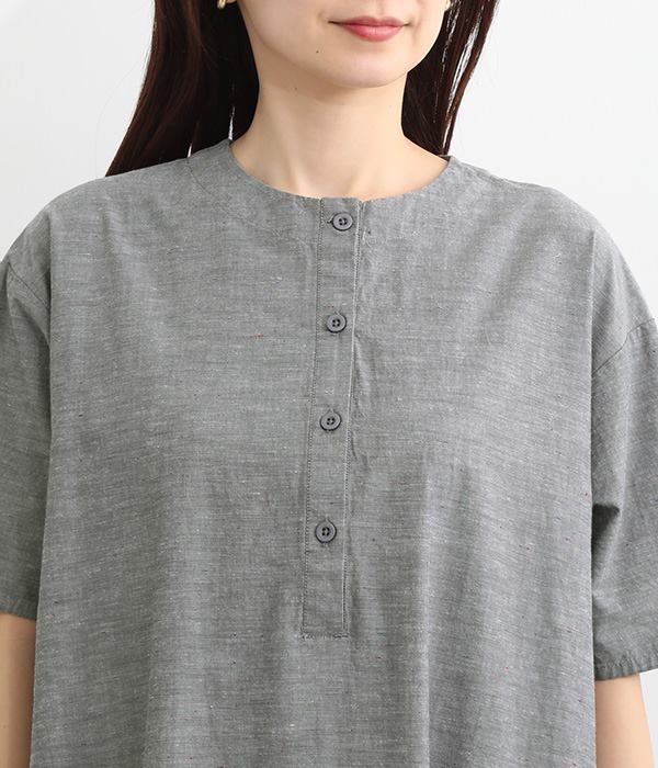 コットンカラフルネップシャンブレー裾刺繍ワンピース(A・ブラック)