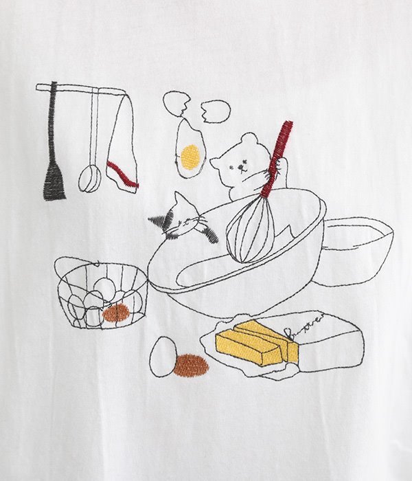 コットンリネン天竺クマのクッキング刺繍ドルマンＴシャツ(A・アイボリー)