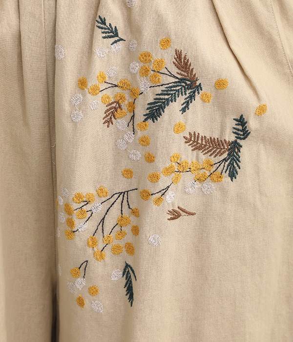 コットンリネン木の実刺繍ギャザーパンツ(A・ベージュ)