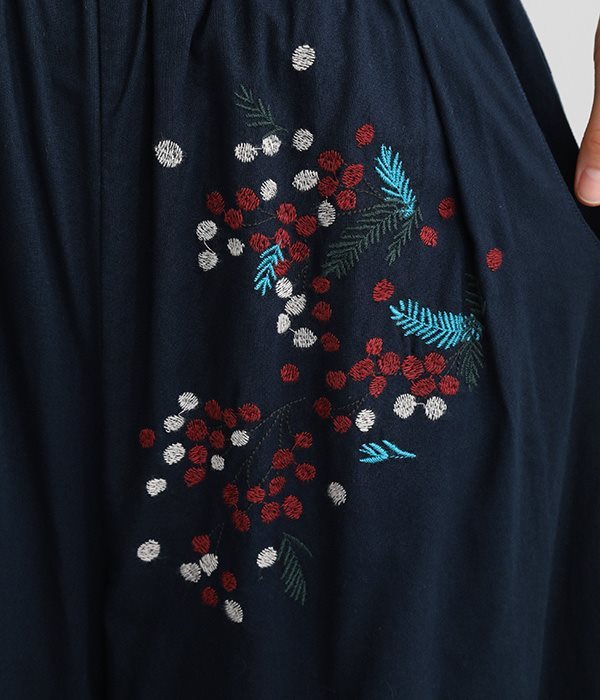 コットンリネン木の実刺繍ギャザーパンツ(B・ネイビー)