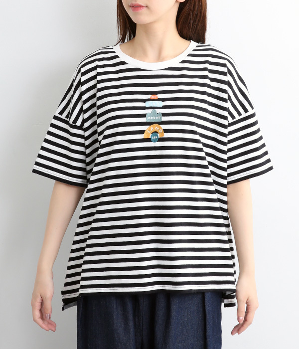 地球ロゴ刺繍ワイドTシャツ(A・ホワイト×ブラック)