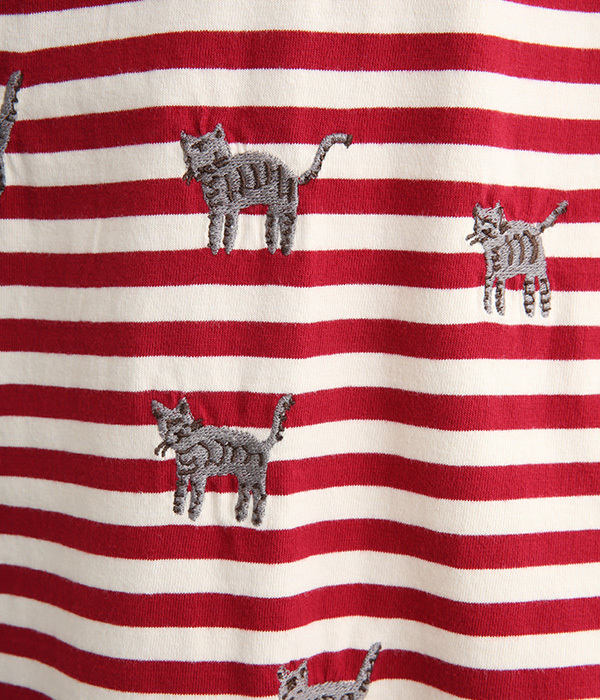 しましま柄のネコ刺繍Tシャツ(B・アイボリー×レッド)