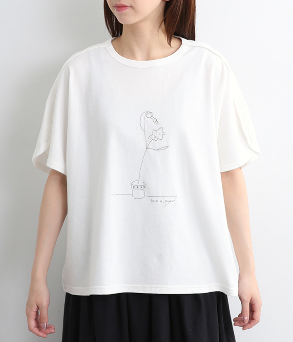 シャワータイムお花刺繍Tシャツ(A・ホワイト)