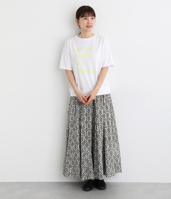 良質天竺5分袖リブロゴプリントＴシャツ　ONETODAY(ホワイト)