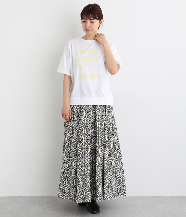 良質天竺5分袖リブロゴプリントＴシャツ　ONETODAY(ホワイト)