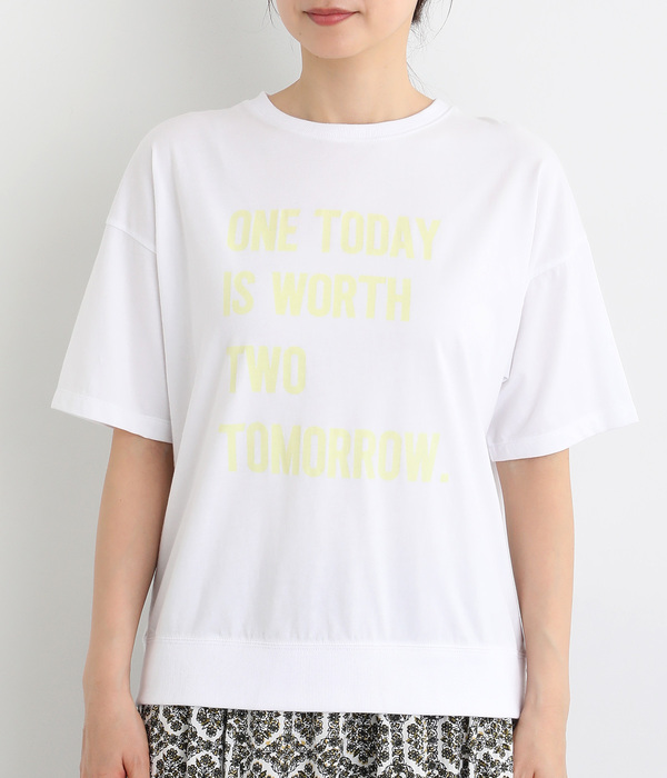 良質天竺5分袖リブロゴプリントＴシャツ　ONETODAY(ホワイト)