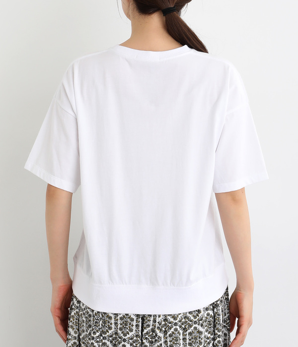 良質天竺5分袖リブロゴプリントＴシャツ　ONETODAY(ホワイト)
