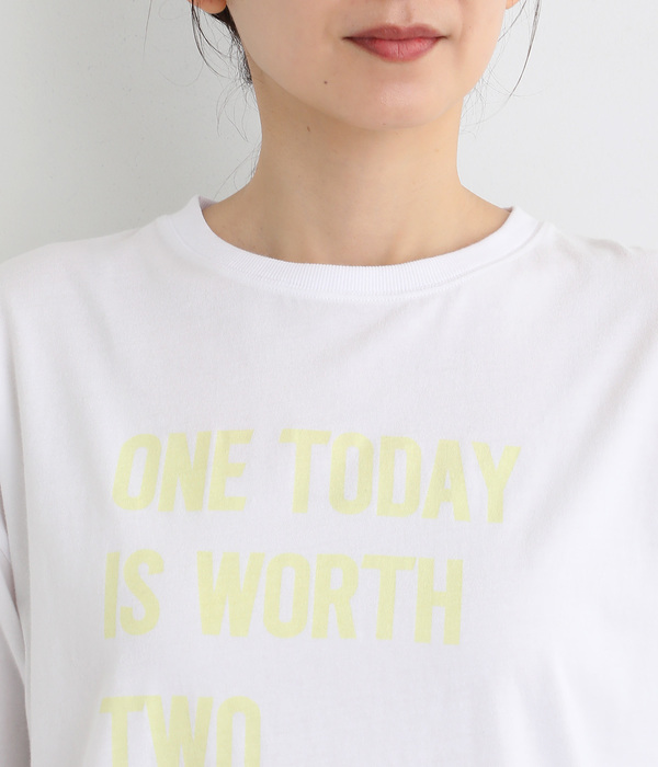 良質天竺5分袖リブロゴプリントＴシャツ　ONETODAY(ホワイト)