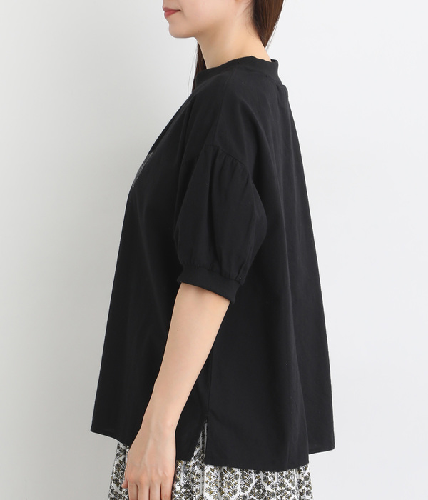 シャリシャリオックスリブクルー刺繍Ｔシャツ(ブラック)
