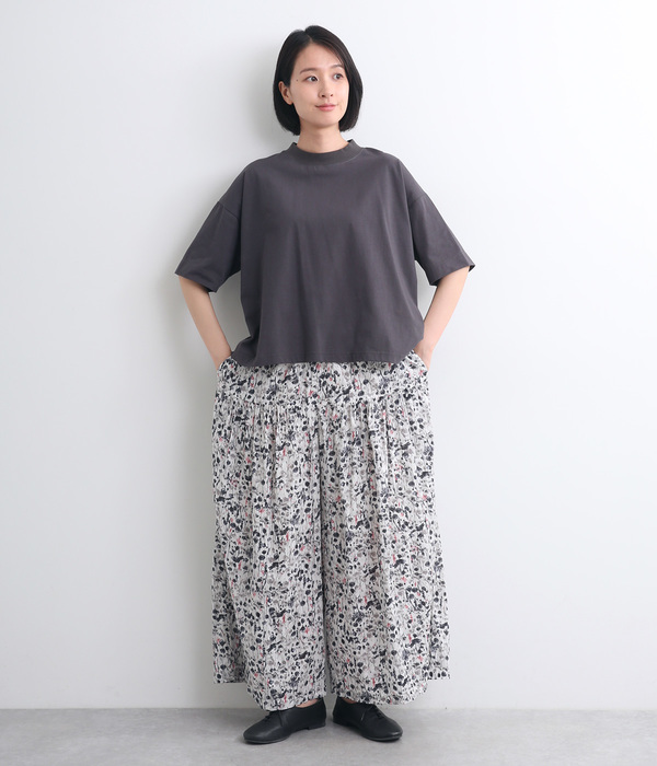 コットン花柄ギャザーワイドパンツ(B・ブラック)【新入荷